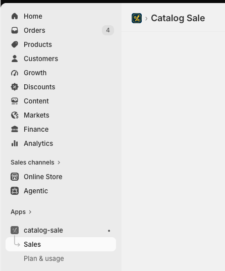 Shopify Admin Apps list showing Catalog Sale