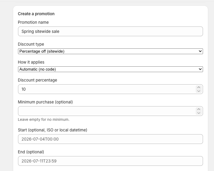 Create a sitewide percent-off automatic promotion