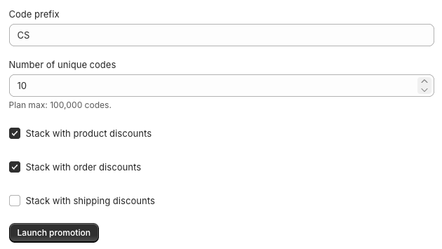 Discount code prefix and number of unique codes fields