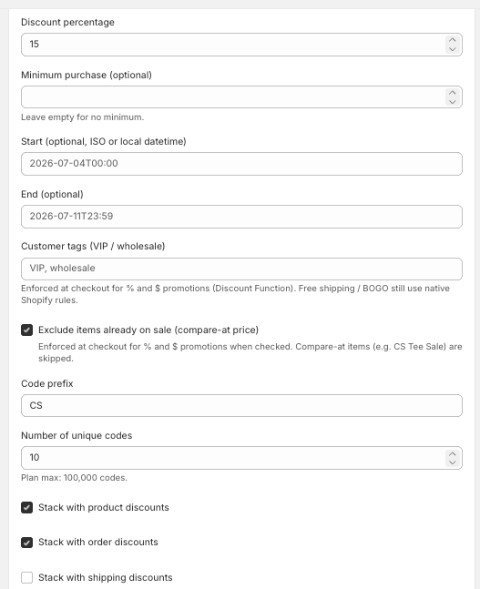 Customer tags and exclude sale items options