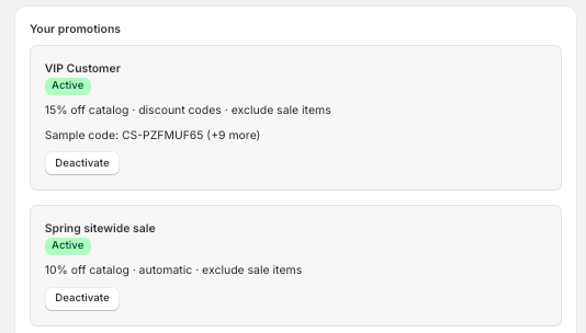 Your promotions list with Active campaigns and Deactivate buttons