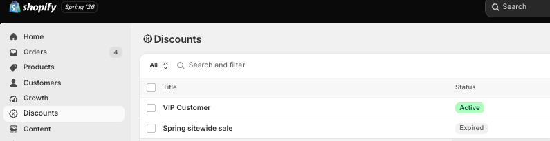 Shopify Admin Discounts list with Catalog Sale promotions