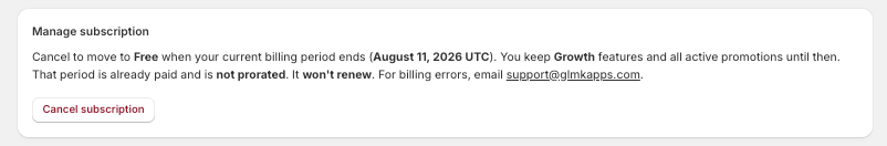 Manage subscription cancel section with period end date